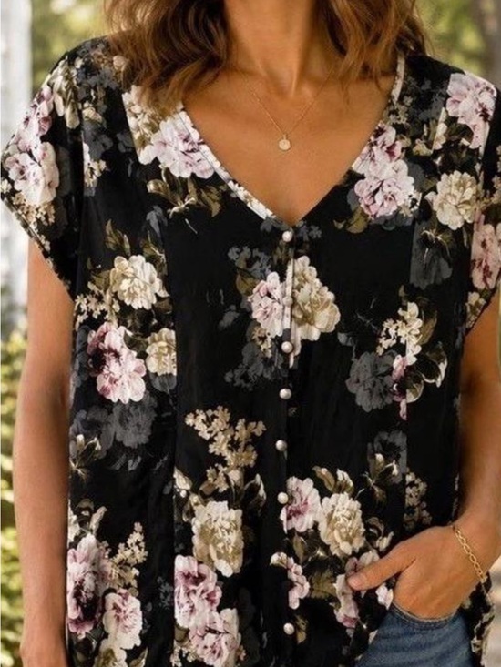 torrid Tops - torrid Black Floral V-Neck Button Front Top